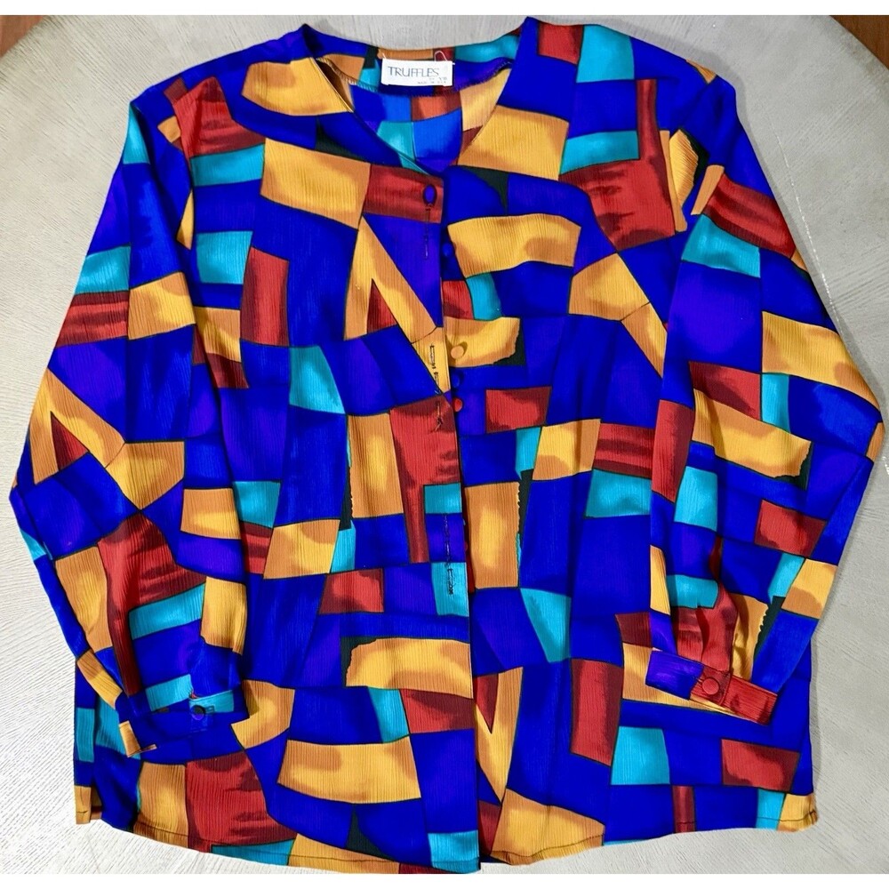 Vintage 80s 90s Truffles by YB Geometric Abstract Art Blouse Womens XL Made USA